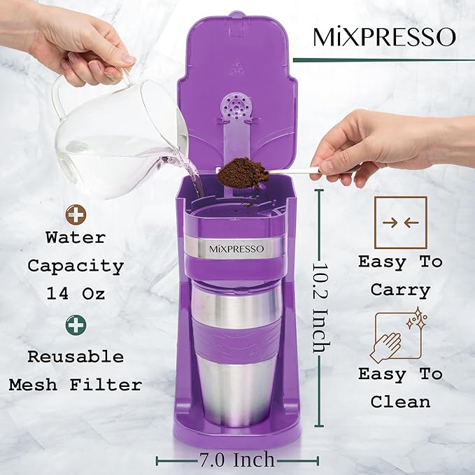 Mixpresso Purple Personal Single Serve Coffee Maker with 14oz Travel Mug Drip Small Coffee Maker with Auto Shut Off Reusable Filter Works with Ground Coffee Only – Not for K-Cup Pods