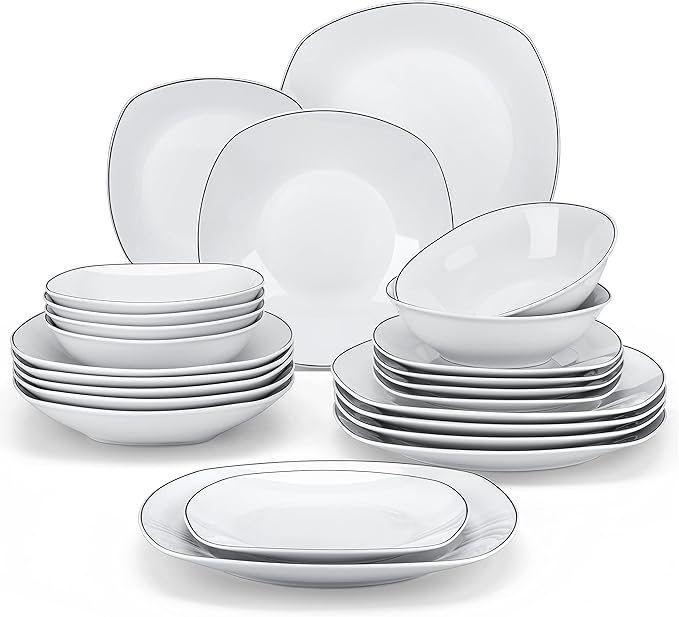 MALACASA Dinnerware Sets 24 Piece Porcelain Square Dishes White with Black Rim Plates and Bowls Sets Ceramic Dish Set for 6 Chip Resistant Dishware Sets Series ELISA
