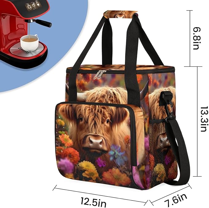 Coffee Maker Carrying Bag Highland Cow Flower Single Cup Coffee Maker Travel Bag Compatible with Keurig K-Mini or K-Mini Plus Portable Storage Bag with Shoulder StrapAZ-197
