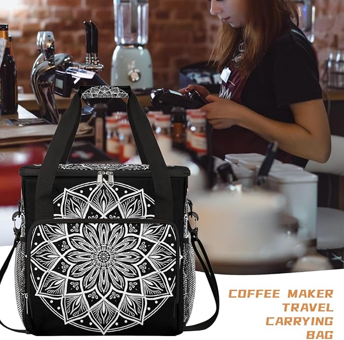 Bohemian Mandala 16 Coffee Maker Carring Bag Travel Carrying Storage Tote Bag Compatible with Keurig K-Mini or K-Mini Plus Portable Single Serve Coffee Brewer Case with Pockets for K-cup Pods