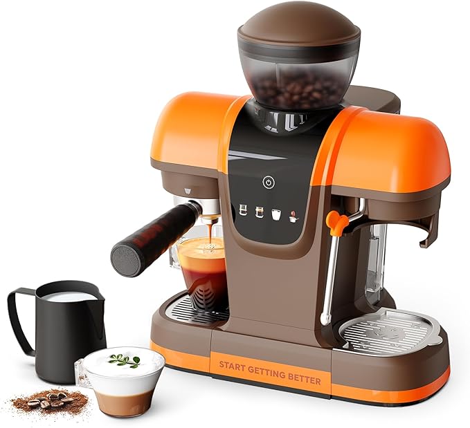 20 Bar Espresso Machine with Grinder &amp Steam Wand - Semi Automatic Coffee Maker NTC Intelligent Temp Control 58mm Stainless Steel Portafilter One-Touch Panel for Home Barista (Removable Water T
