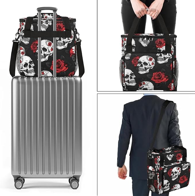 Skull Rose Flower Travel Coffee Maker Carrying Bag Large Organizer Storage Tote Bag Insulated Reusable Cooler Grocery Bags
