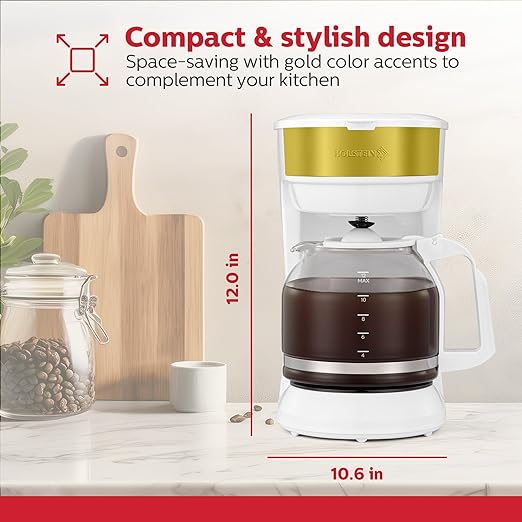 Holstein Housewares 12-Cup Coffee Maker 61oz Drip Coffee Machine with Glass Carafe Auto Pause &amp Serve Compact Design – Ideal for Home Office &amp Travel Coffee Brewing White and Gold