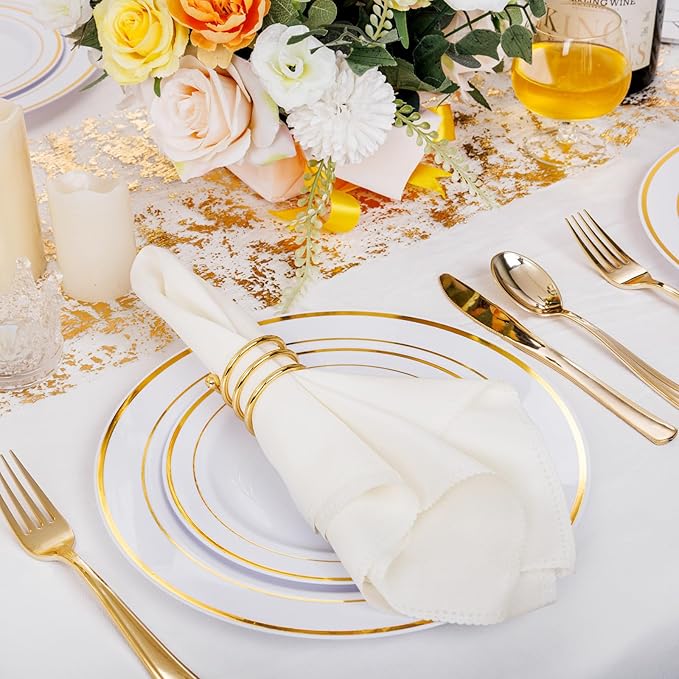 I00000 60 Pieces Gold Plastic Plates Heavy Duty White and Gold Plastic Plates for 30 Guests Include: 30 Gold Rim Dinner Plates and 30 Gold Dessert Plates Perfect for Wedding &amp Party
