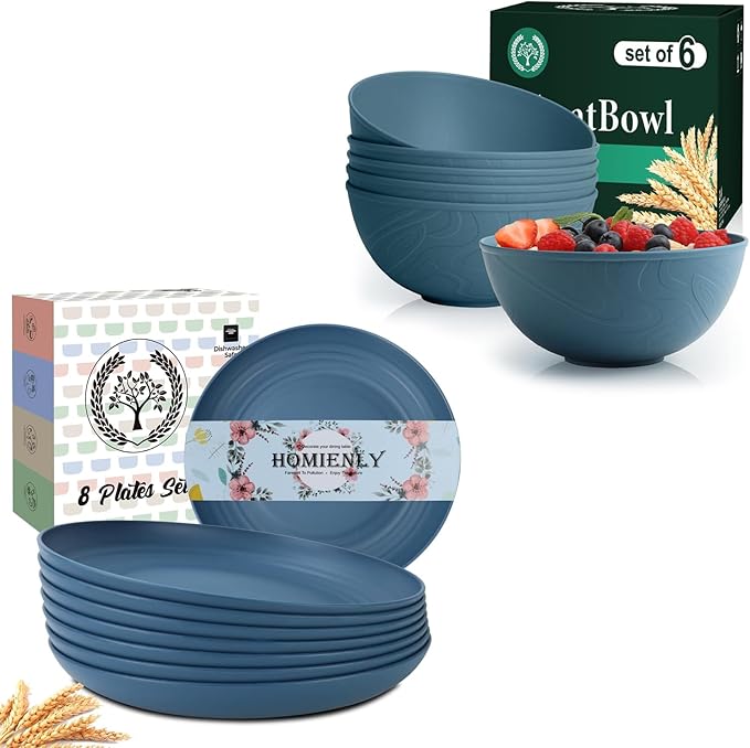 Homienly 14-Piece Premium Wheat Straw Dinnerware SetsLightweight and Unbreakable Plates and Bowls Sets - Plates Bowls for KitchenDishwasher and Microwave Safe Dishes Set - Blue