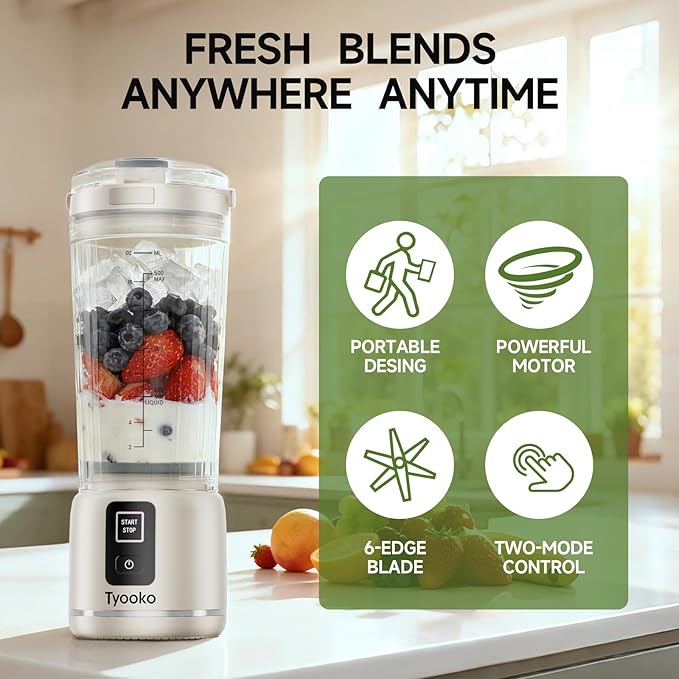 Portable Blender for Smoothies and Shakes 18oz Rechargeable Electric Personal Juicer Cup with Dual Mode 6 Sharp Blade Drink Mixer Bottle with Leakproof-Lid &amp Sip Spout for Kitchen/Travel/Gym (Wh