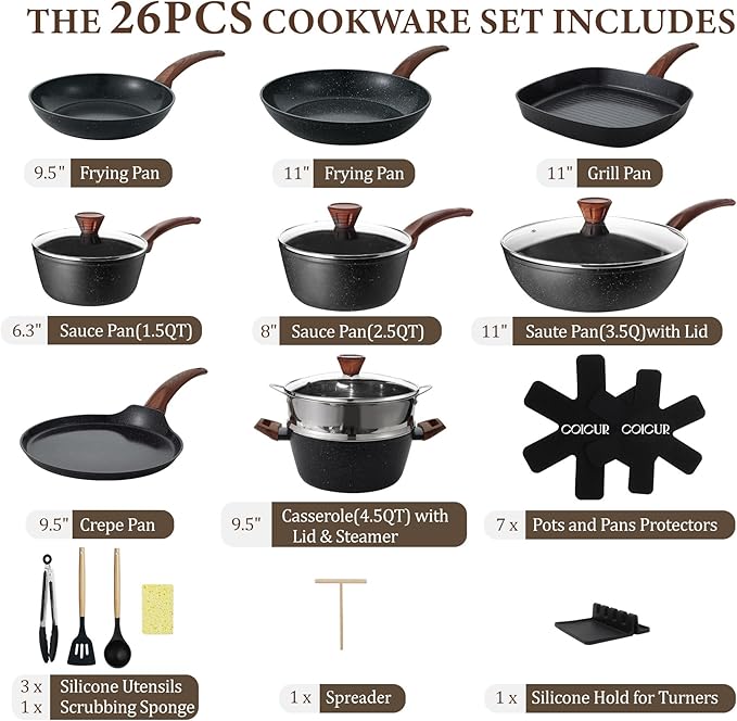 26Pcs Pots and Pans Nonstick Ceramic Cookware Set Nontoxic Kitchen Cooking Set with Steamers Utensils Induction Compatible PFAS/PFOA Free Oven and Dishwasher Safe Black