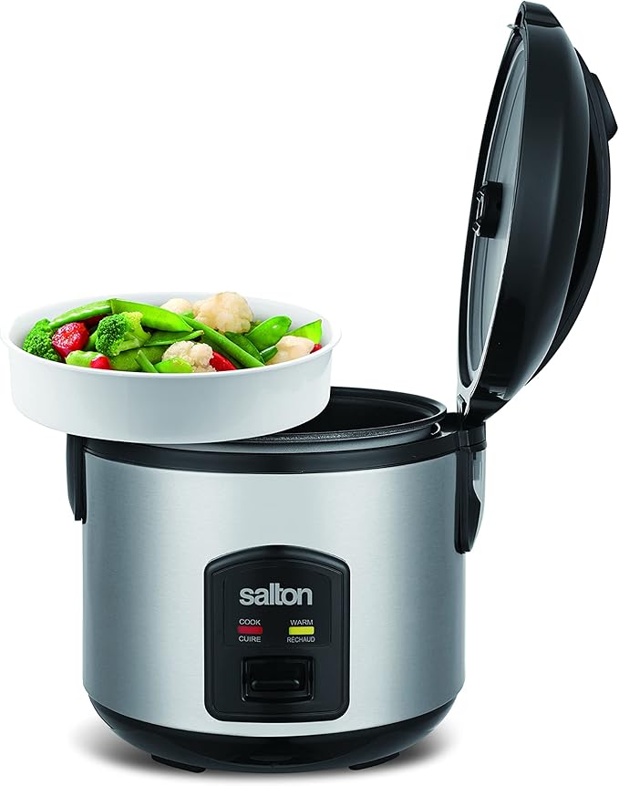 Salton 8 Cup Jar Style Automatic Rice Cooker with Food Steaming Basket Measuring Cup &amp Spatula Removable Non-Stick Cooking Bowl (RC2027)