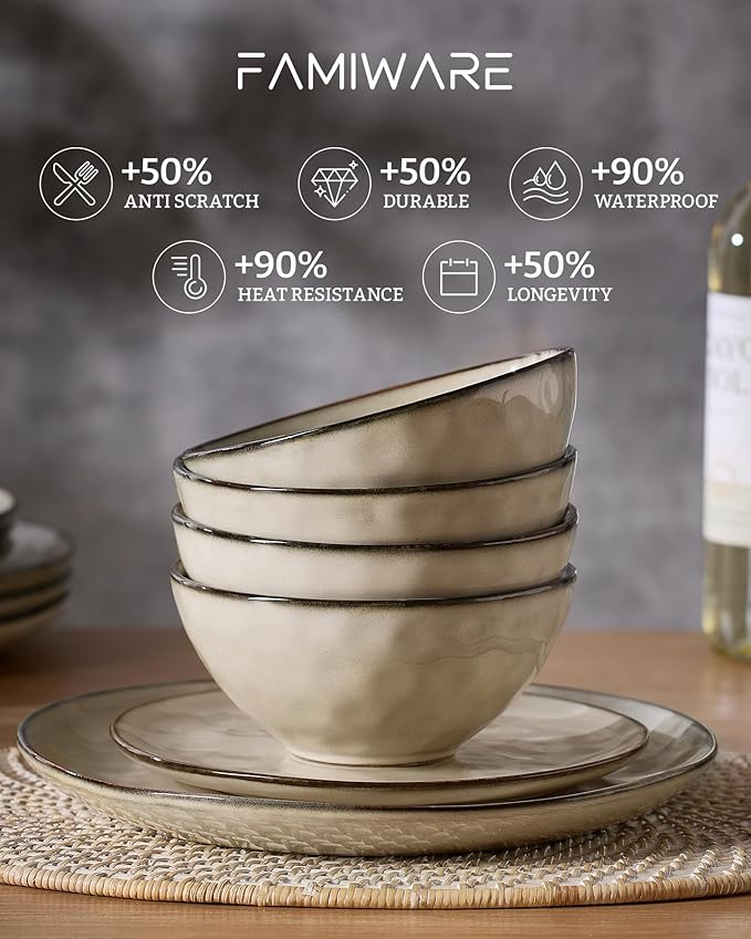 Famiware Dinnerware Sets for 4 Ocean Round 12-Piece Kitchen Plates and Bowls Sets Microwave and Dishwasher Safe Scratch Resistant Light khaki