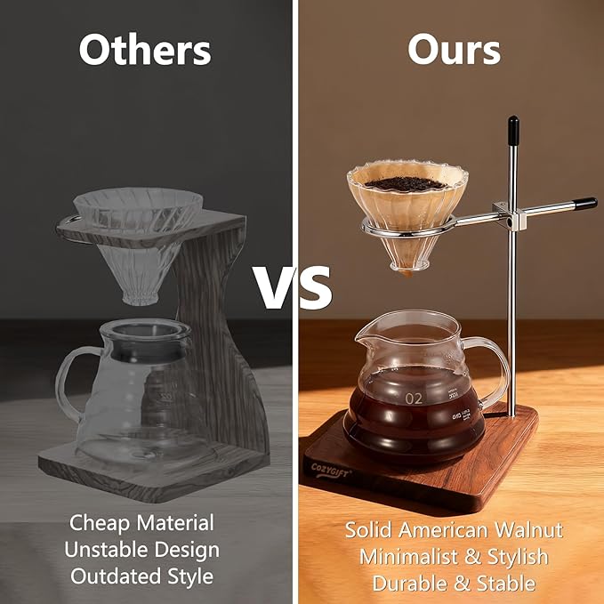 Pour Over Coffee Stand with Solid American Black Walnut Base Height Adjustable Coffee Dripper Stand Wooden Brewing Station for V60 Elegant Gift for Home Barista &amp Kitchen Décor