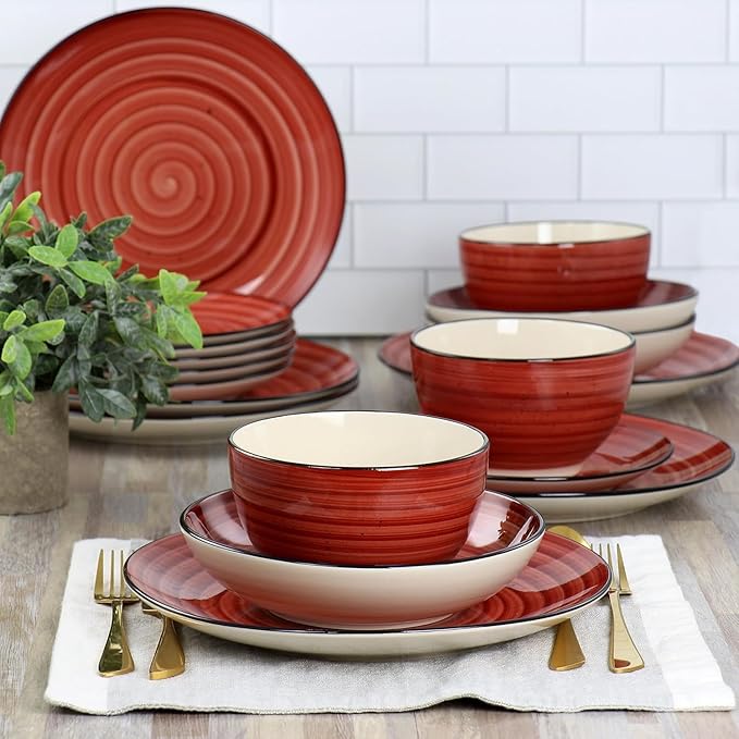 24-Piece Stoneware Dinnerware Set – Round Two-Tone Hand-Painted Dishes with Swirl Design Service for 6 Microwave &amp Dishwasher Safe Tableware (Red)