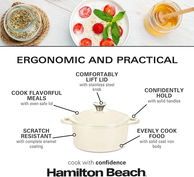 Hamilton Beach 3-Quart Enameled Cast Iron Dutch Oven Pot with Lid Cream