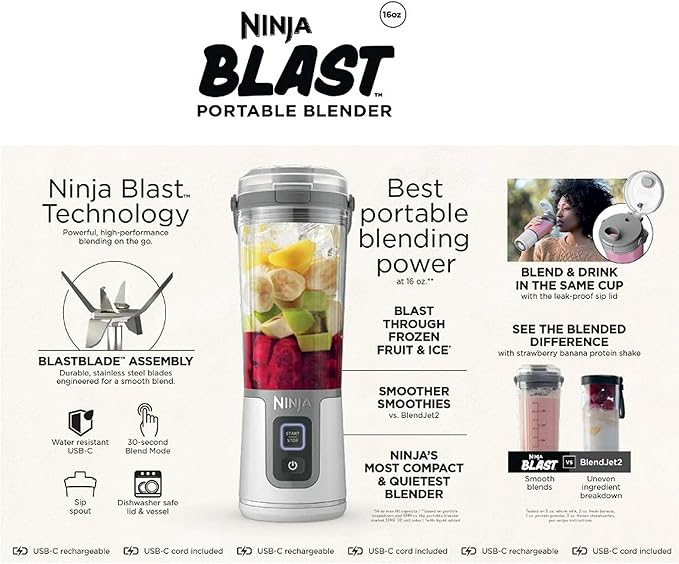 Ninja Blast 16 oz. Personal Portable Blender with Leak Proof Lid and Easy Sip Spout Perfect for Smoothies Cordless USB-C Rechargeable Dishwasher Safe Parts (Renewed) (White)