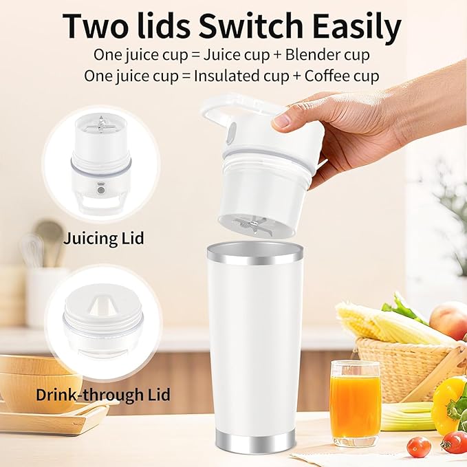 Portable Personal Blender 20oz Vacuum Cup Cordless Blende for 120 Watt Rechargeable Personal Size blender With Stainless Steel Bottle Ideal For-Shakes and Smoothies BPA Free (White）