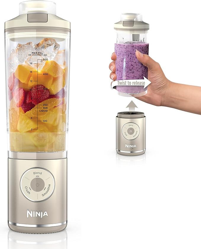 Ninja Blast Max Portable Blender + Twist &amp Go Personal Ninja Blender Smoothie Blend Ice Crush 3 Programs Cordless 22 oz removable Vessel Dishwasher Safe Leakproof Cream BC251IV