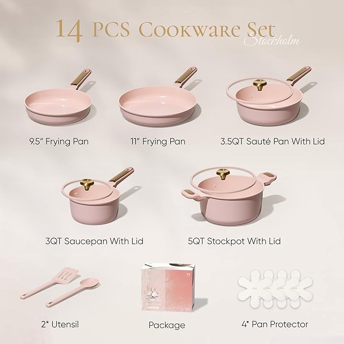 CAROTE Ceramic Cookware Set Nonstick 14pcs Pots and Pans Set Nonstick Non-Toxic &amp PFAS-Free Dishwasher RV/Camping Cookware Set Cooking Pots with Lids Pink Blush