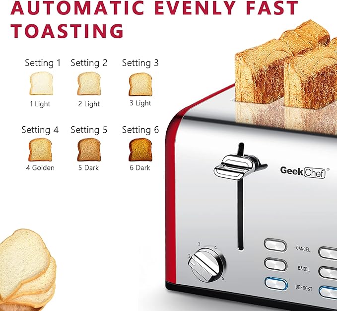 Geek Chef 4 Slice toaster Best Rated Prime Retro Bagel Toaster with 6 Bread Shade Settings 4 Extra Wide Slots Defrost/Bagel/Cancel Function Removable Crumb Tray Stainless Steel Toaster 1500W (Re