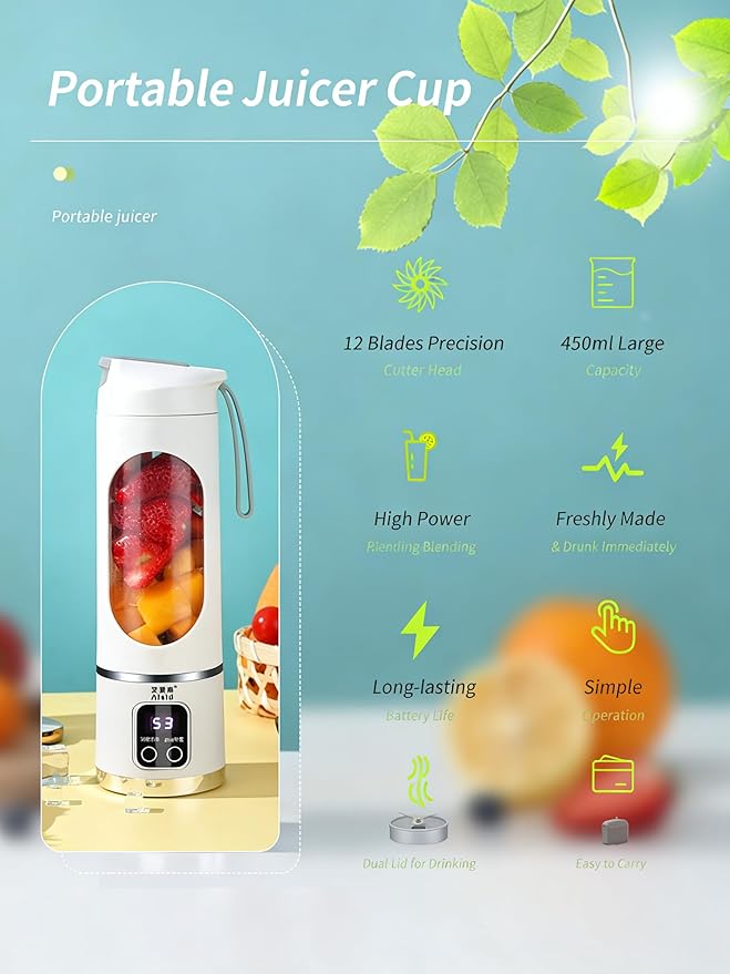 Portable Blender Personal Electric USB500ML Portable juicer Shakes and Smoothies BlenderSmall BlendersMixingCompact、Convenient and Versatile (green)