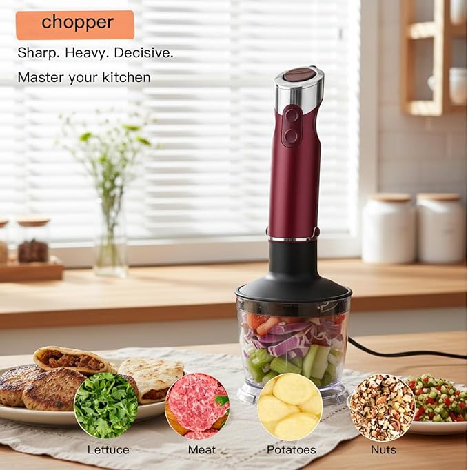 Megawise HB-2053 5-in-1 Hand Immersion Blender Set 1000W Powerful Stick Blender with Turbo Mode Variable Speed Control Stainless Steel Blade Includes Whisk Milk Frother Chopper Bowl &amp Beaker