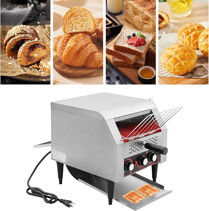 Commercial Electric Conveyor Toaster 300 Slices/Hour 1.9KW Countertop Stainless Steel Bread Toaster 7 Gears Adjustable Restaurant Toaster w/Handle&ampStorage Box for Bagel Burgers Sandwich Baked Fo