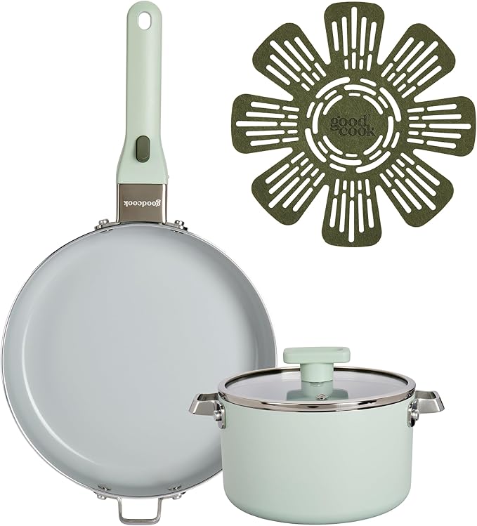 GoodCook Ceramic Cookware Set 5-Piece with Removable Handle Induction Compatible Nonstick and Oven Safe with 9.5-Inch Frypan Sage Green