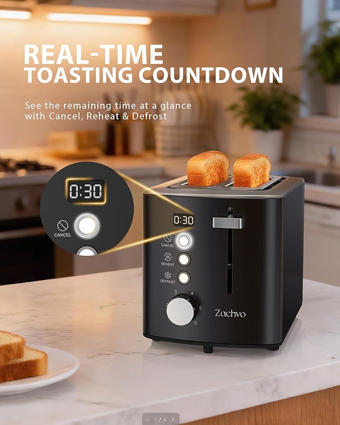 2 Slice Toaster with Wide Slots for Bread &amp Bagels Stainless Steel Toaster with Digital Countdown 6 Shade Settings Defrost Reheat &amp Cancel Compact Design for Kitchen Black