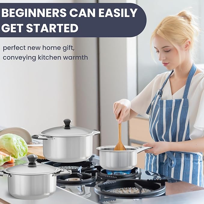 Stainless Steel Cookware Set 12-Piece Nonstick Stainless Steel Pan Set D5-Ply Base for Even Heating Dishwasher Safe Vented Glass Lids Heavy-Duty Especially for Home &amp Beginner Cooking