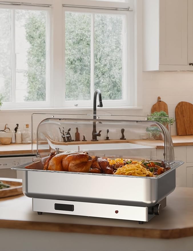 Electric Buffet Chafing Dish Warmer Set – 2-Pack 9QT Stainless Steel with Roll Top Lid – Adjustable Temperature Control – Full-Size Food Pans – NSF Commercial Catering Equipment for Parties