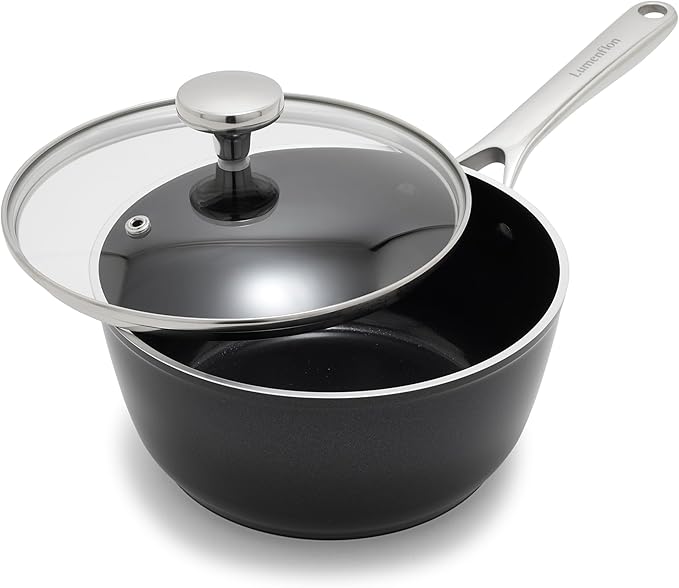 Orfeo 2.4QT Nonstick Saucepan with Lid Made in Italy Diamond Ceramic PFAS-Free Cookware Induction Ready Scratch Resistant Laser-Fused Surface for Durability Dishwasher Safe Black