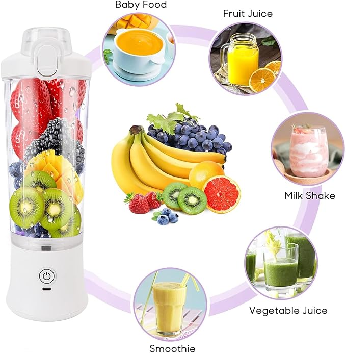 Portable Blender Personal Blender for Shakes and Smoothies 4000mAh USB Rechargeable 20Oz Juicer Cup with 6 Blades and Lid Portable Juicer for Kitchen Travel Gym