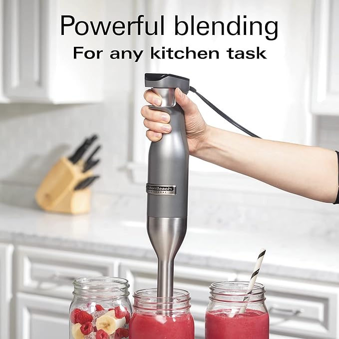 Hamilton Beach Professional Electric Hand Immersion Blender with Variable Speed + LED Screen 300 Watts of Peak Power Stainless Steel Whisk and Blade Silver (59750)