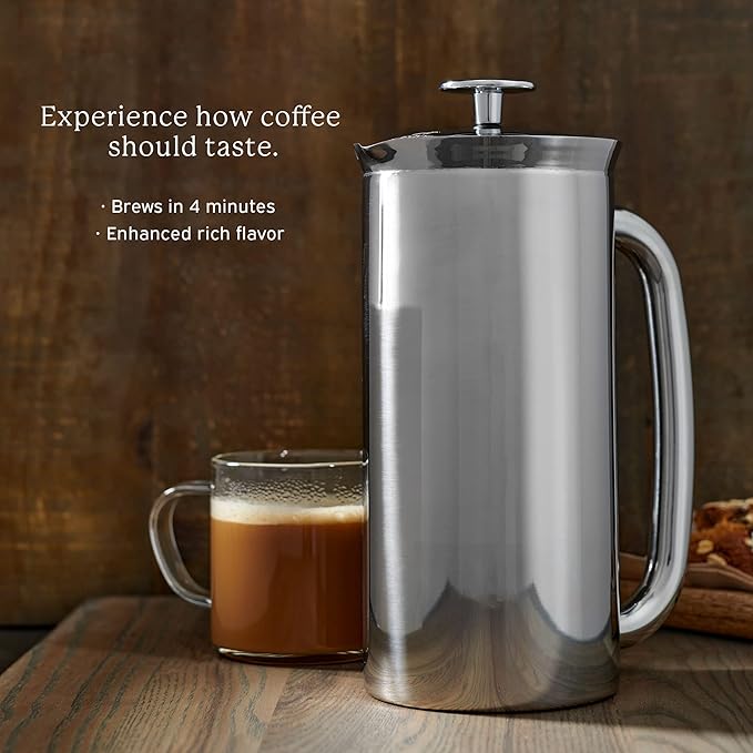 ESPRO - P7 French Press - Double Walled Stainless Steel Insulated Coffee and Tea Maker with Micro-Filter - Keep Drinks Hotter for Longer (Polished Stainless Steel 18 Oz) Cleaning Powder
