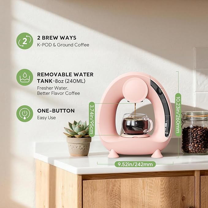 BENFUCHEN Pod and Grounds Single-Serve Coffee Maker 2 in 1 One Cup Coffee Machine Compatible with K-Cup Pod &amp Coffee Grounds/Tea Compact Design 4-8oz Pink