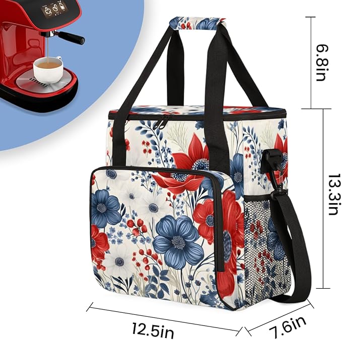 Star-Floral 4th of July Coffee Maker Carrying Bag Travel Storage Bag Compatible with K-Mini or K-Mini Plus Single Serve Coffee Brewer Carrying Case with Multiple Pockets &amp Shoulder Strap