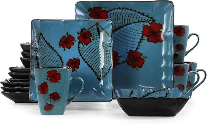16 Piece Stoneware Dinnerware Set Square Dinnerware Collection for 4 Dishwasher &amp Microwave Safe Dishes in Blue Floral Design