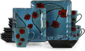 16 Piece Stoneware Dinnerware Set Square Dinnerware Collection for 4 Dishwasher &amp Microwave Safe Dishes in Blue Floral Design
