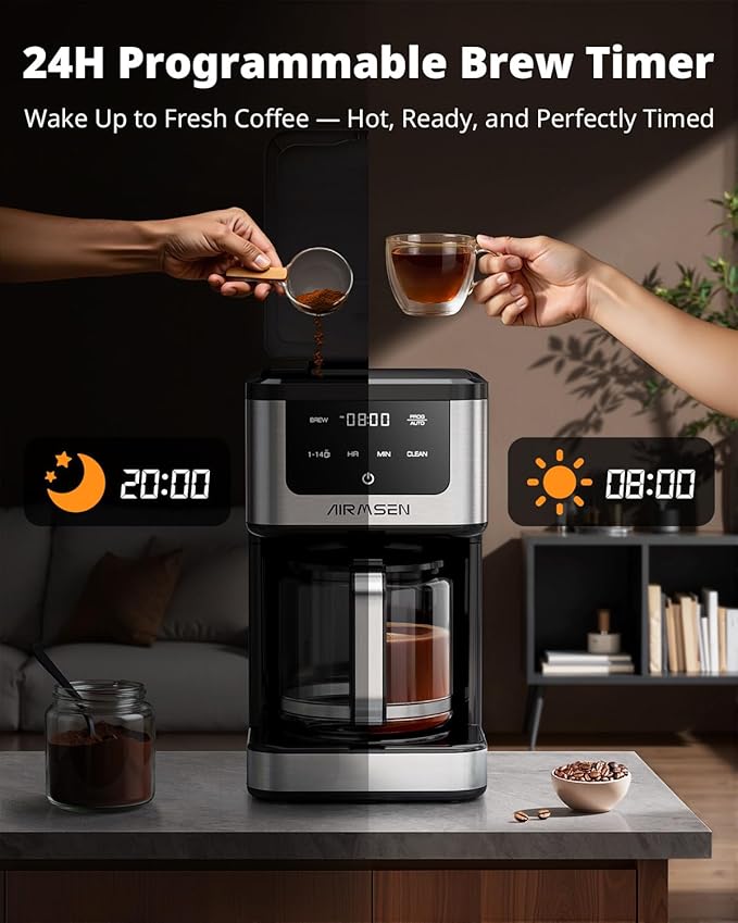 AIRMSEN 14-Cup Programmable Drip Coffee Maker – 1000W Fast Brewing Coffee Machine with Timer Delay Start &amp 2H Keep-Warm 73oz Tank Touchscreen &amp Glass Carafe – Perfect for Home &amp Office