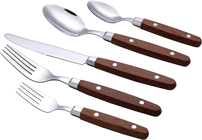 ANNOVA Silverware Set Retro/Rivet Colorful Stainless Steel Tableware Kitchen Flatware Set Utensils Includes Dinner Knives Forks Spoons Salad Forks &amp Dessert Spoons (Wood 20 Pieces)