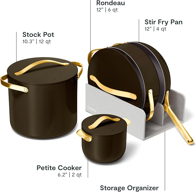 Caraway Cookware+ Collection - Specialty Cookware Set - Petite Cooker Stir Fry Pan Rondeau &amp Stock Pot - 3 Lids &amp Storage Organizer Included - Black