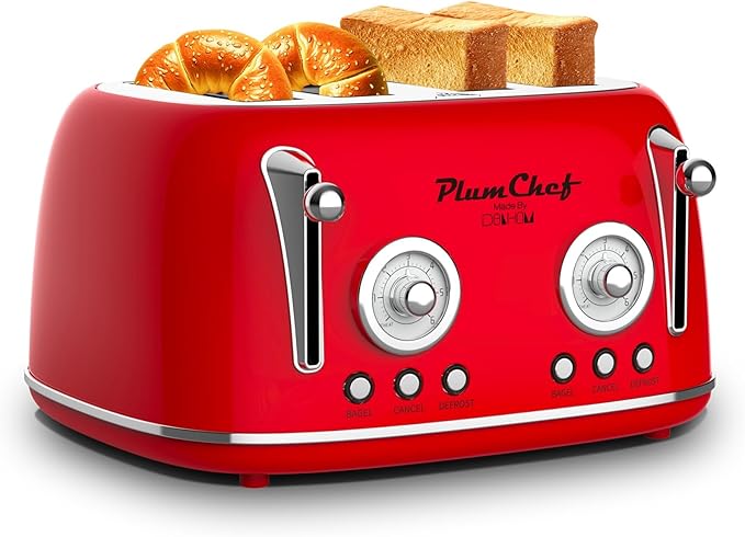 4 Slice Retro Style Toaster Dual Control Toaster with Warming Rack 6 Browning Settings Bagel/Defrost Functions Removable Crumb Tray Stainless Steel Housing 1650W Red
