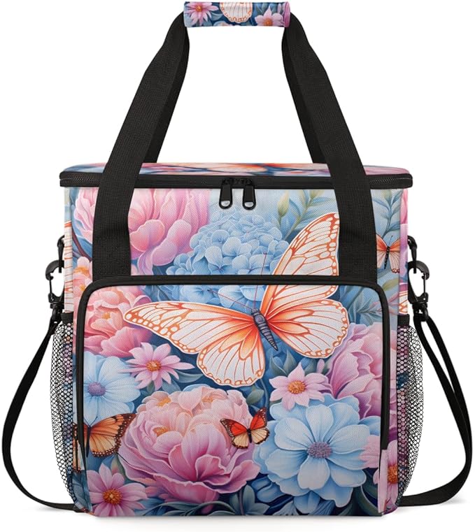 Flowers Butterfly Coffee Maker Carrying Bag Artistic Butterfly Travel Storage Bag Compatible with K-Mini or K-Mini Plus Single Serve Coffee Brewer Carrying Case with Pockets &amp Shoulder Strap