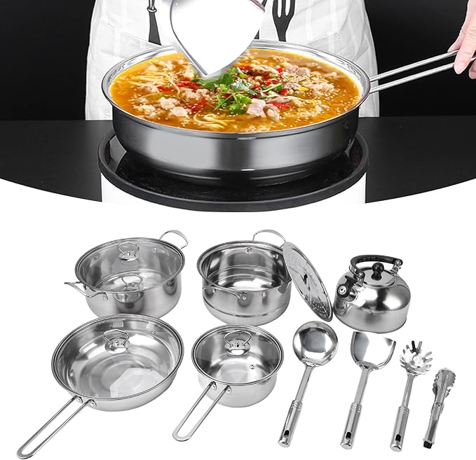 less Steel Cookware Set proof Pots and Pans Set Non ookware with Thickened for Even Heating Includes Frying Pan Milk Pot Soup Pot