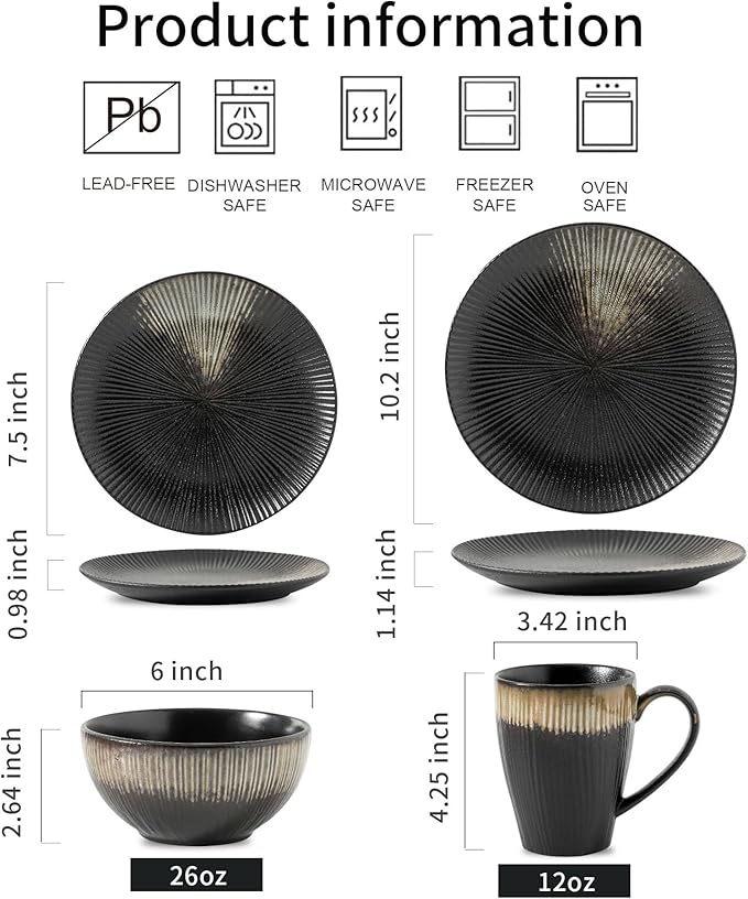 KOOV Ceramic Dinnerware Set of 16 Plates Bowls Cups &amp Dessert Plates for Party Microwave &amp Dishwasher Safe Stripe Series (Rough Black)