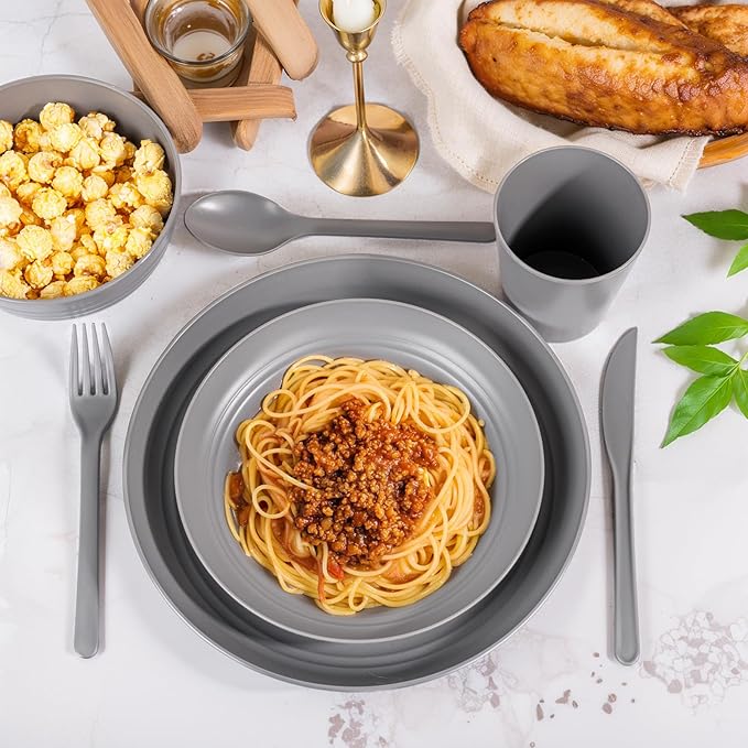 LIYH 28 Pcs Dark Grey Plates and Bowls Dinnerware Sets Dish Set for 4 Unbreakable Reusable Plate Wheat Straw Plates and Bowls Apply to Kitchen &amp Camping