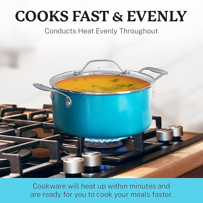 GOTHAM STEEL 15 Pc Ceramic Cookware Set Ceramic Pots and Pans Set Non Stick with Cooking Utensils and Steamer Non Toxic PFOA PFOS Free Premium Stay Cool Handles Oven &amp Dishwasher Safe Blue