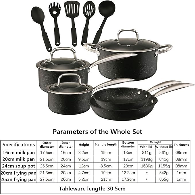 Nonstick Kitchen Pots and Pans Set with Visual Lid Includes Milk Pot Soup Pot Frying Pan and Tableware Sets 13Pcs Induction Cookware Cooking Set for Oven &amp Dishwasher Safe