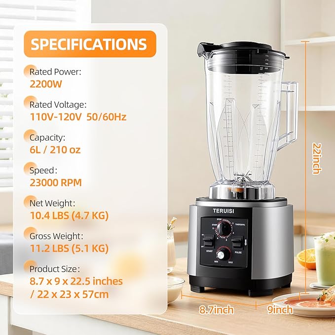 Commercial Blender 2200W 2.95 HP Professional Blender with Quiet PC Sound Enclosure 210 Oz / 6L Large Heavy Duty Blenders with 9 Speeds Timer Self-Cleaning 5 Presets For Shake and Smoothie