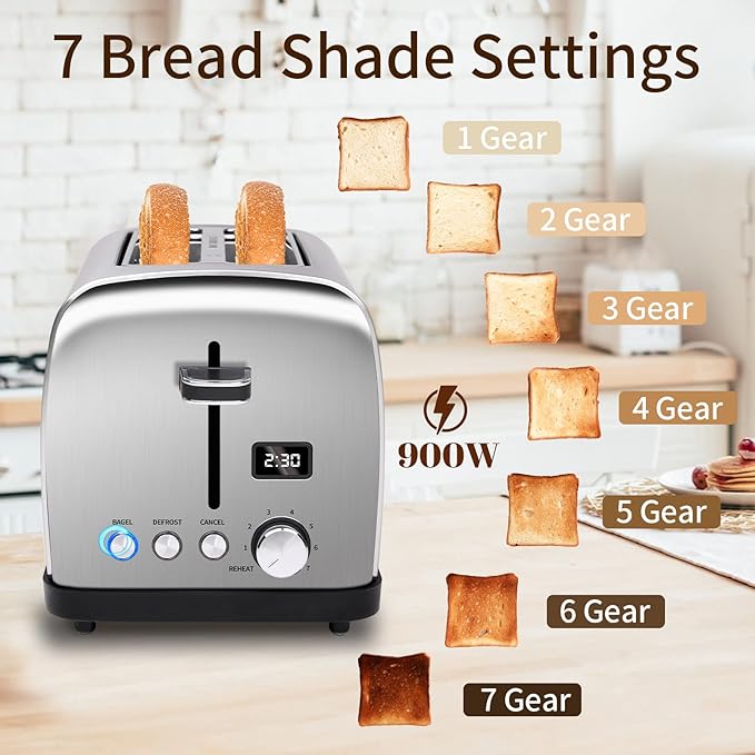 SEEDEEM Toaster 2 Slice LCD Display 7 Shade Settings 1.4'' Wide Slots Stainless Steel Digital Toaster for Bagel Defrost Reheat Removable Crumb Tray 900W Silver Metallic