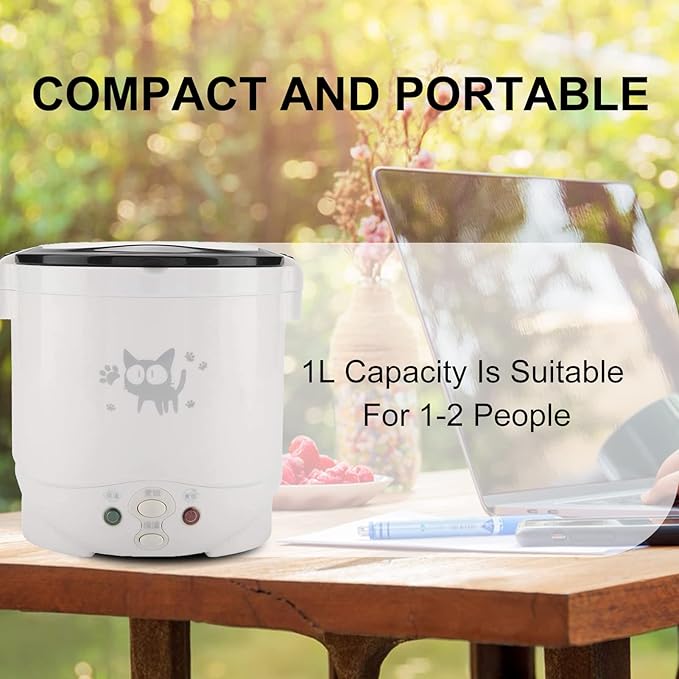 Mini Rice Cooker Vehicle-Mounted Rice Cooker 12V Thermal Insulation and Protection Function 1L Portable Steamer Boiling Pot Portable Handle Outdoor Boiling Cooker Portable Cooker (White)