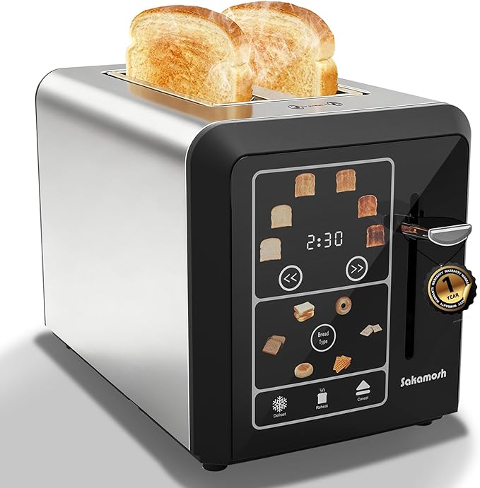 2 Slice Touch Screen Toaster 1.3 Wide Slots Smart Digital Display Toaster with 6 Browning Levels &amp 6 Bread Types Memory Defrost Reheat Stainless Steel 800W